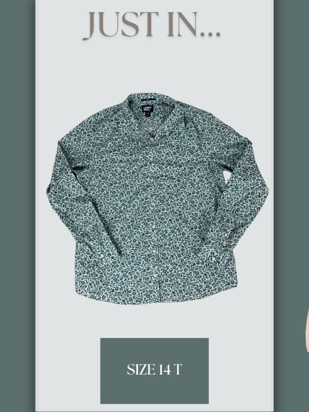 Lands' End Teal Floral Long-Sleeve Button-Down Shirt Women's 14T Cottagecore
